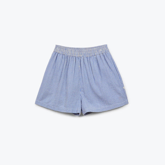 Blue checkered shorts on a white background