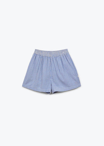 Blue checkered shorts on a white background