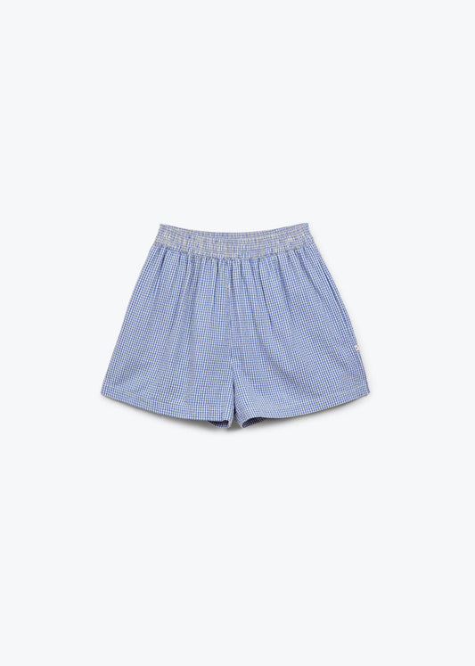 Blue checkered shorts on a white background