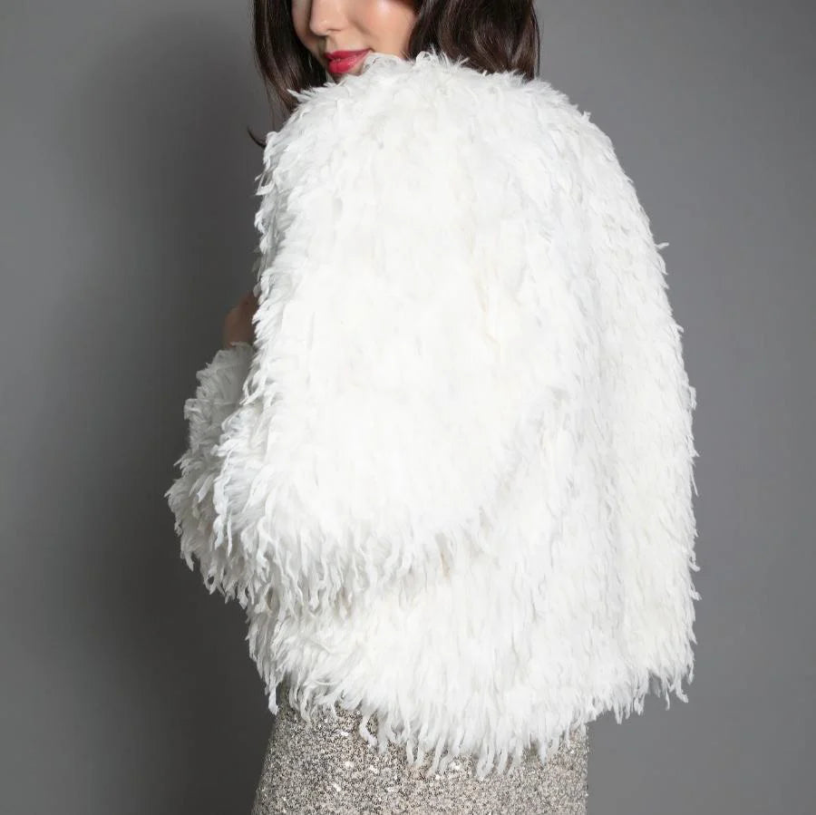 white faux fur feather effect short jacket rear view 