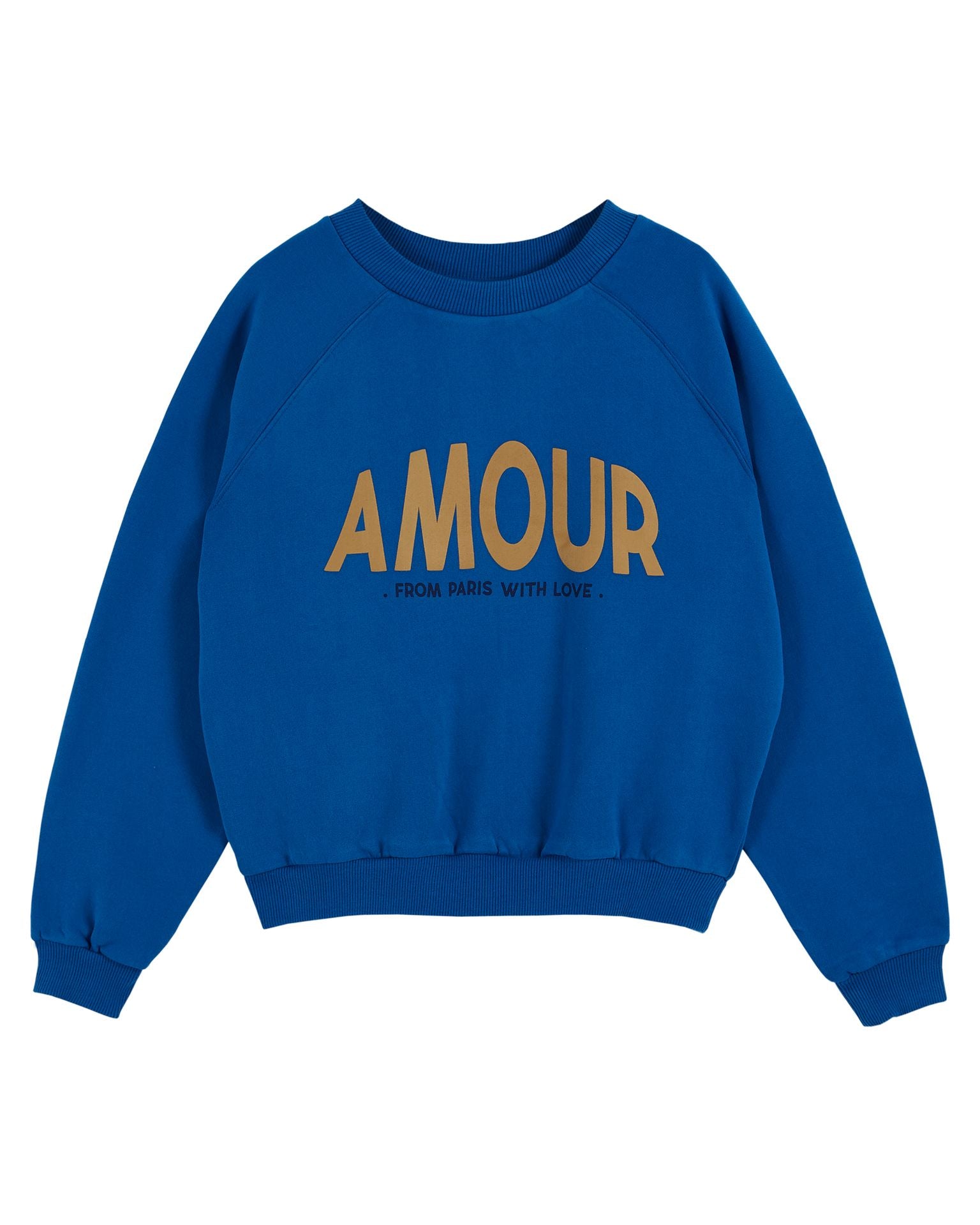 Blue coloured scoop neck sweatshirt with raglan sleeves and "amour" logo on the centre front