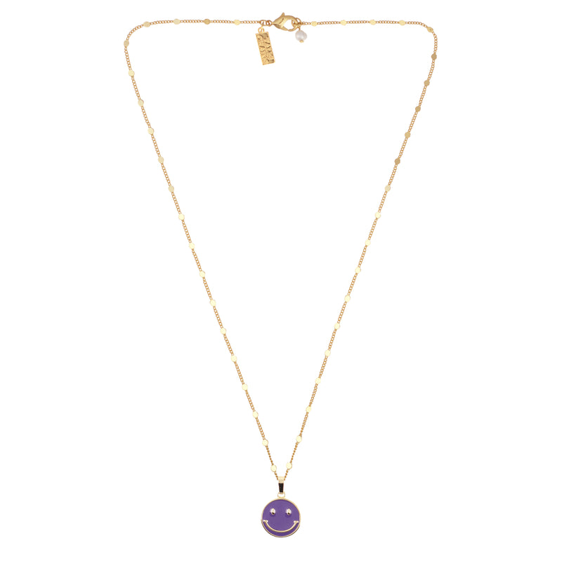 Gold plated brass necklace with a smiley face purple pendant