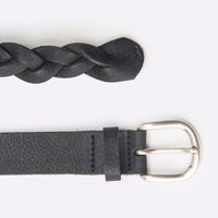 Black braided leather belt with silver buckle