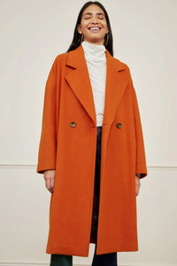 Orange double breasted over coat with classic collar and lapel, long sleeves and knee length