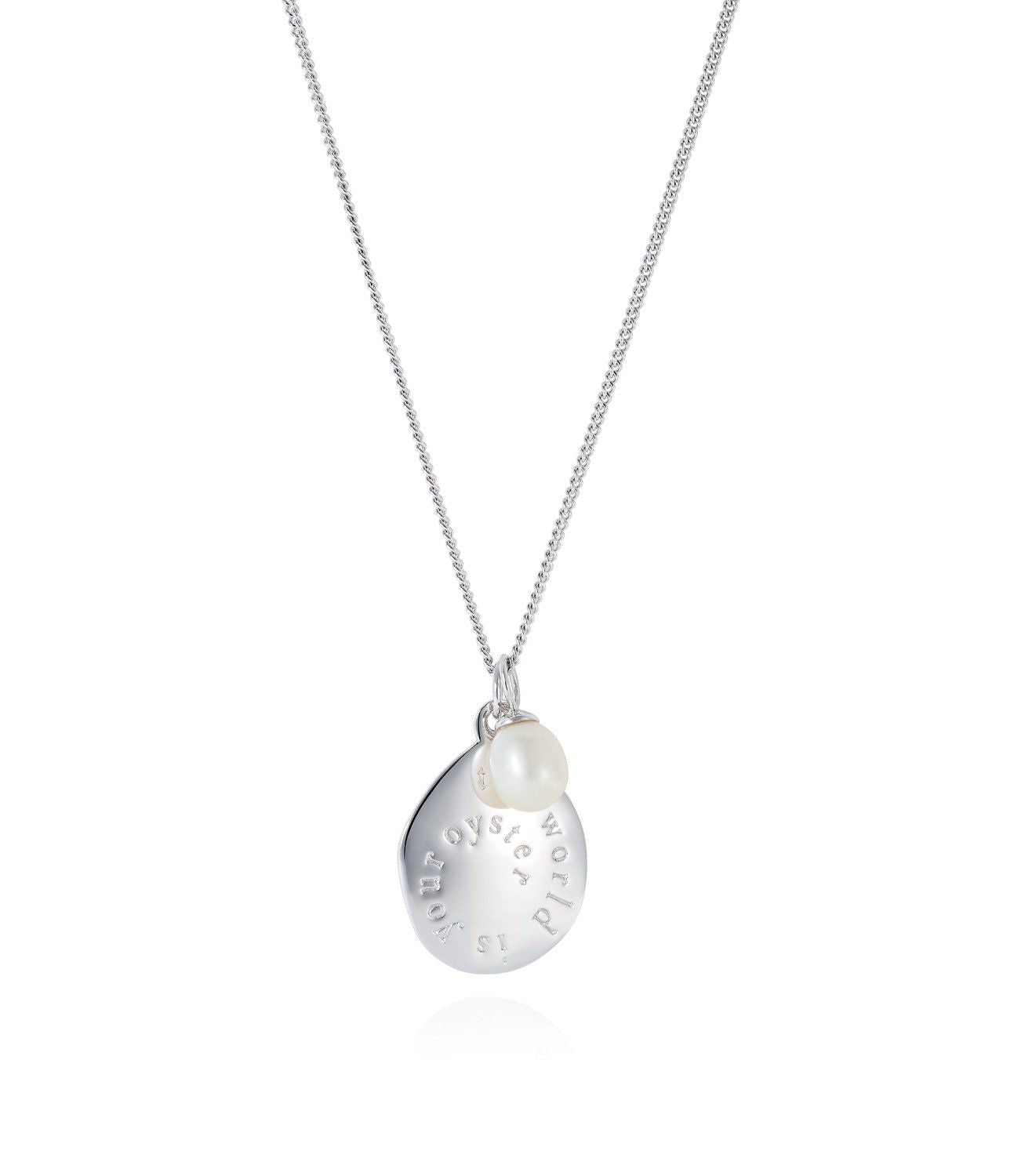 Sterling silver necklace with engraved charm and pearl drop