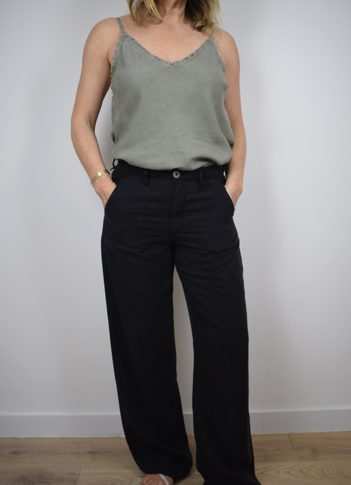 Black straight leg trousers with mid rise 