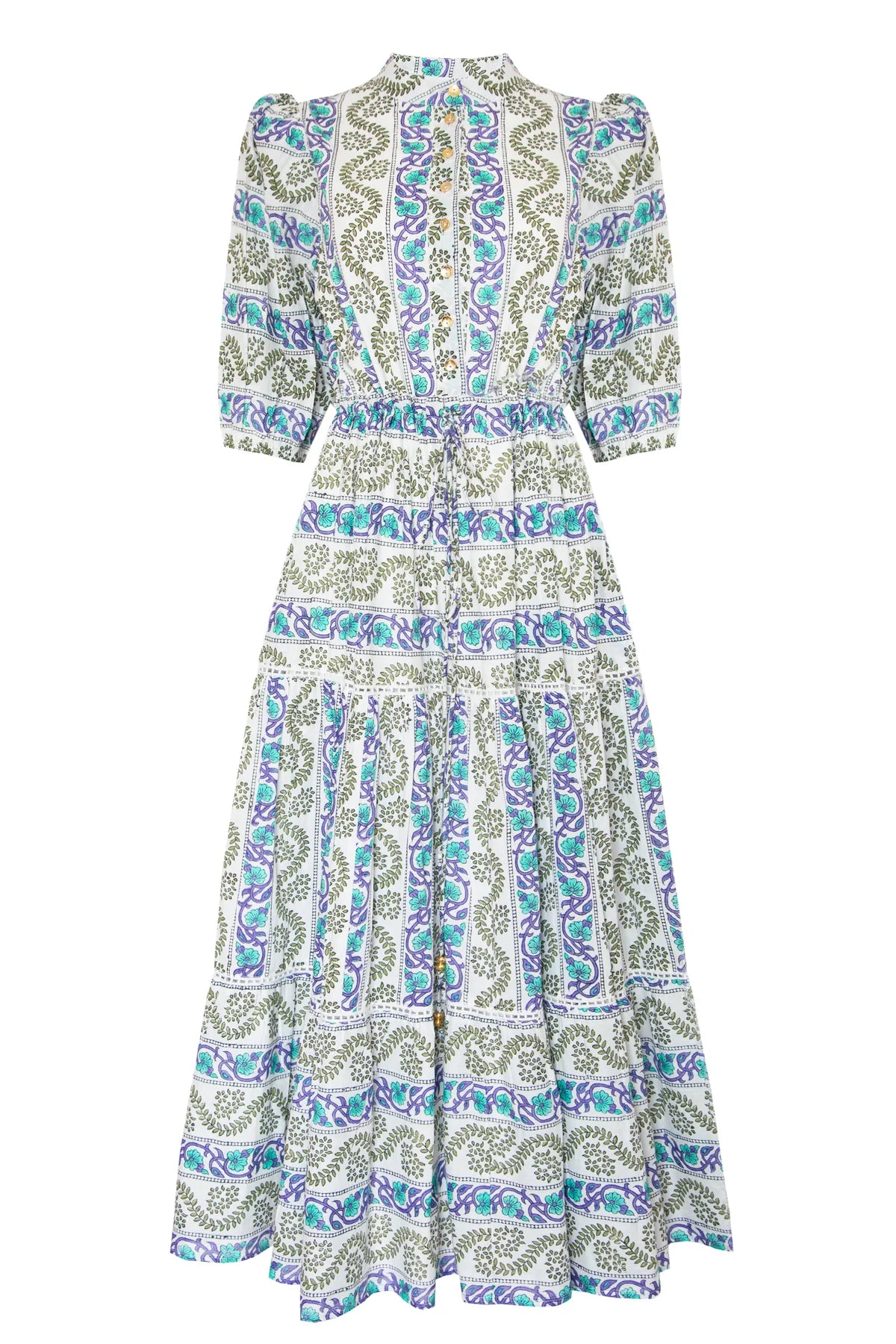 Midi dress with stand up collar half placket and gold button fastenings short sleeves and triple tiered skirt with ladder lace inserts in ecru fabric with green and purple floral print