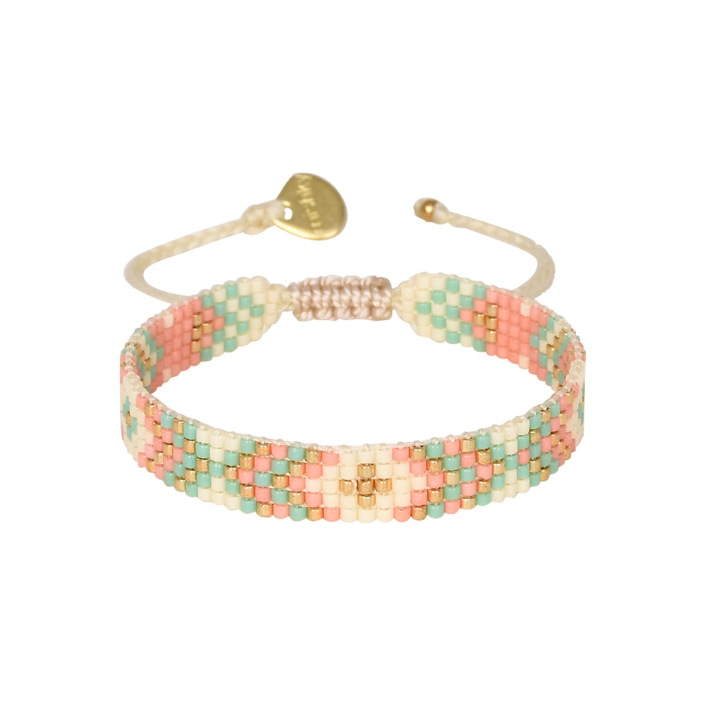 Beaded woven bracelet with pale pink aqua and gold beads