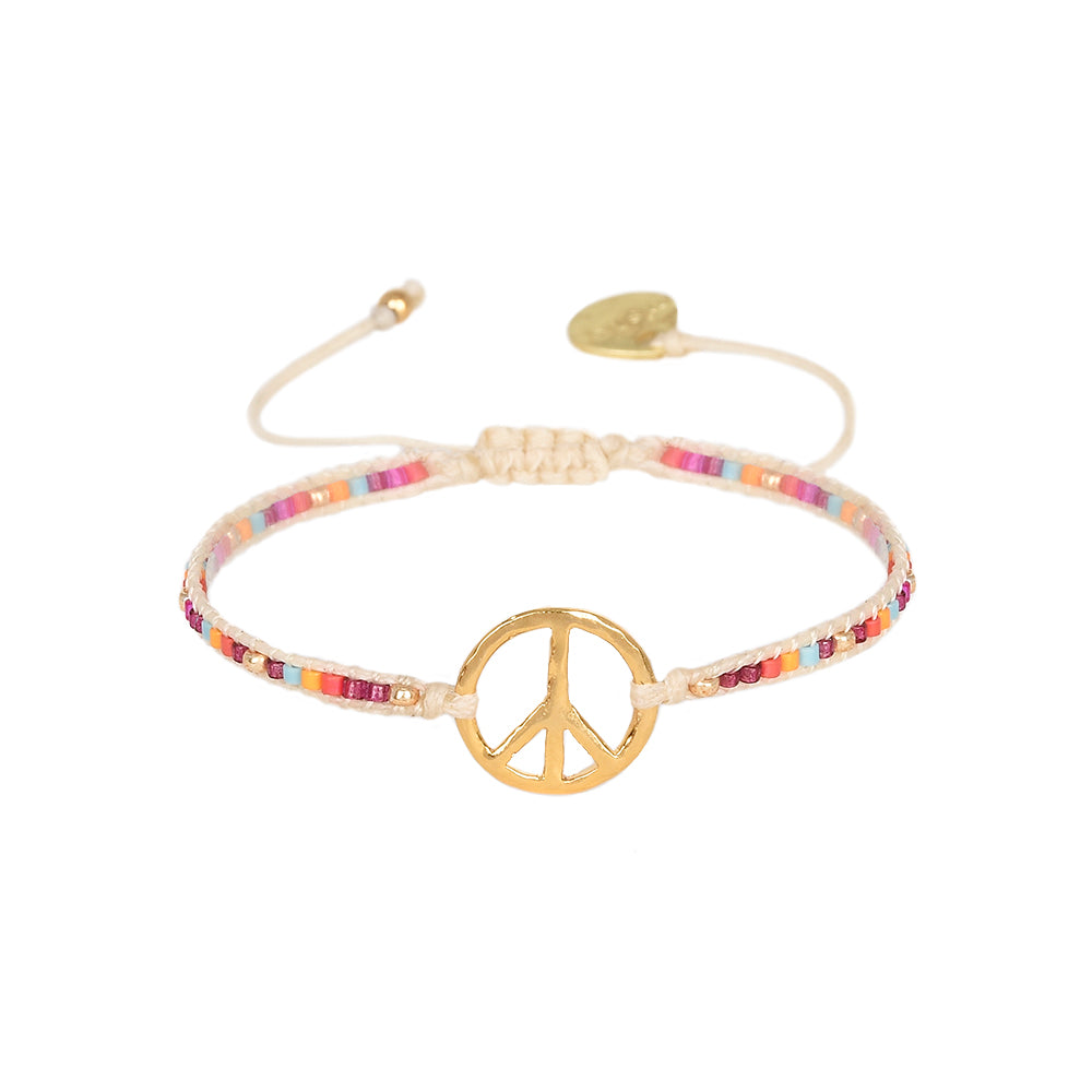 Multi coloured beaded bracelet with gold plated peace charm