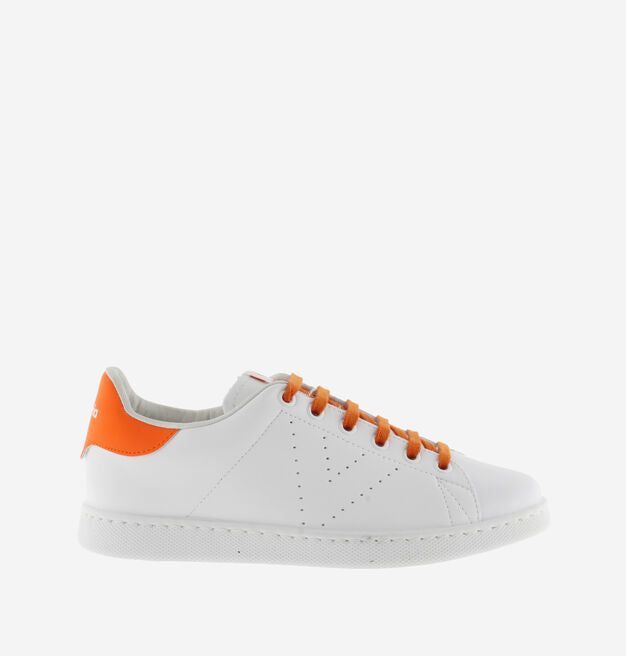 Faux leather white sneakers with orange heel and laces