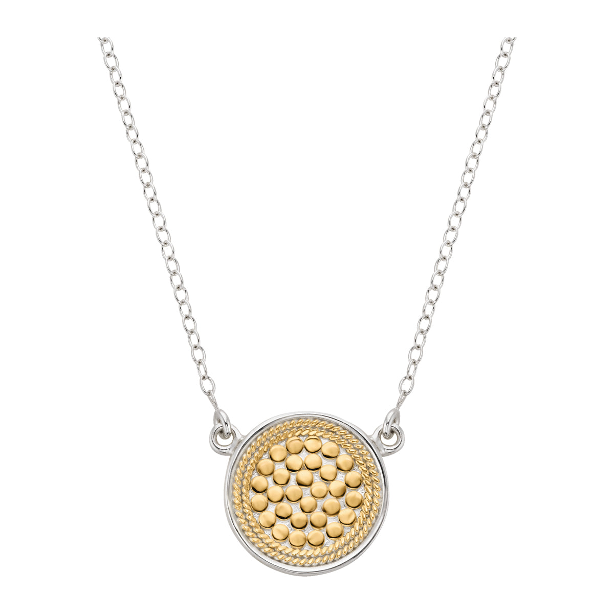 Silver chain with circular gold dot pendant reversible with silver on the back