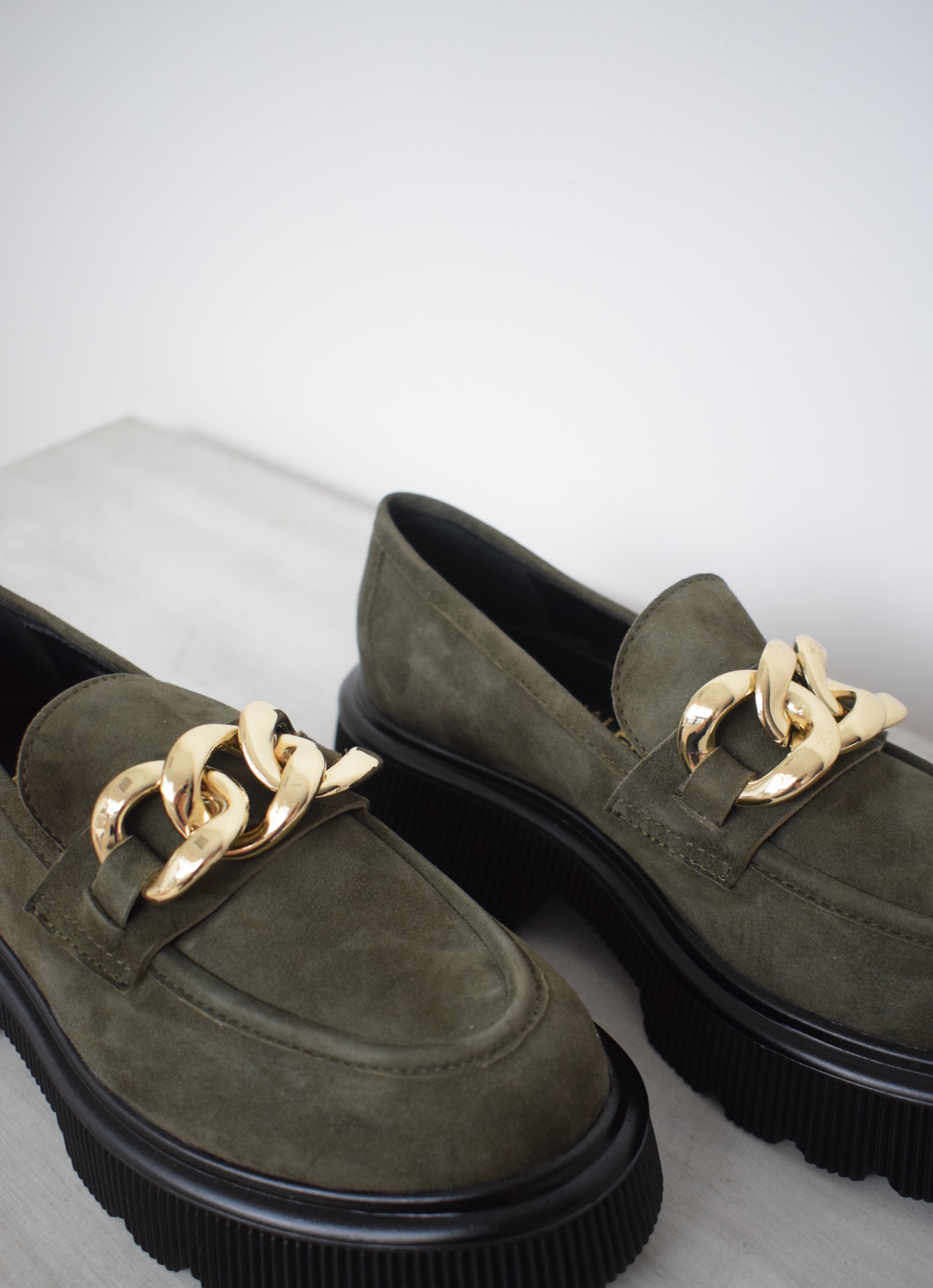 khaki loafer with gold chain detail 