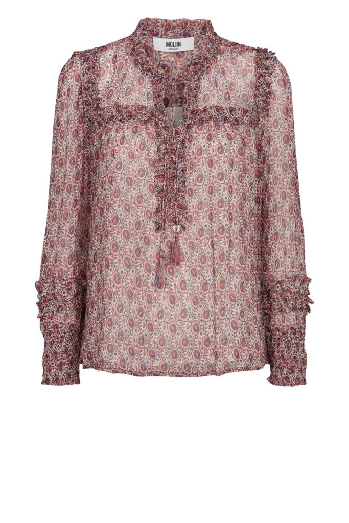 Pull on long sleeved top with ruffle details in pink all over floral print