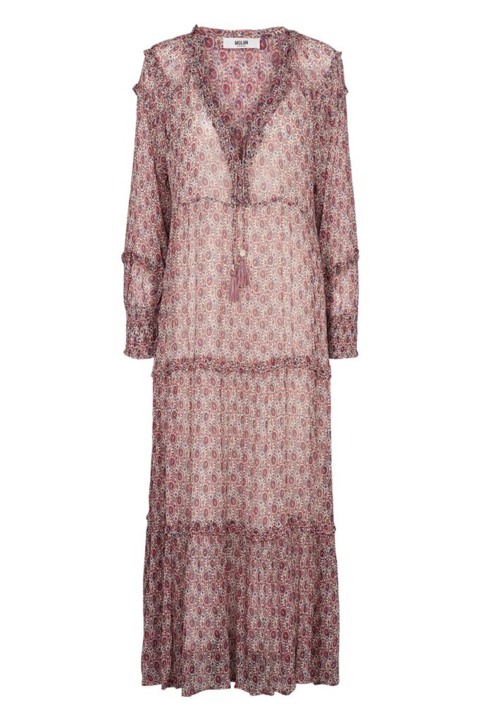 Maxi dress in floral pinks with smocked cuffs long sleeves v neckline and layered skirt