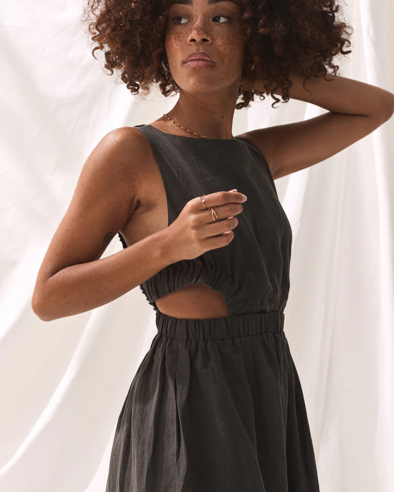 Charcoal linen midi dress with high neck and elasticated cut out features with a cross back