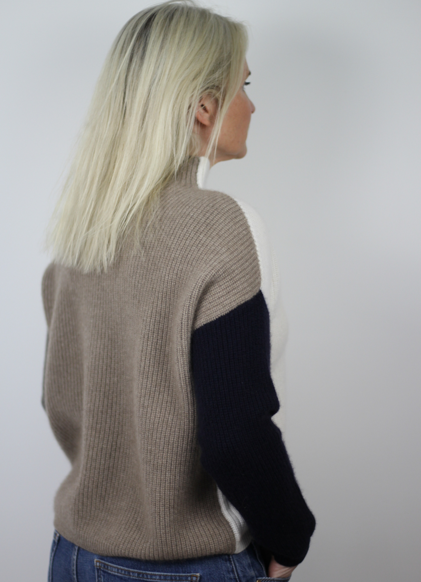 Cashmere jumper with white, taupe, navy and grey 