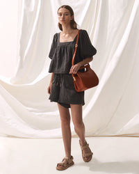 Charcoal top with square neck and cross back detail short sleeves