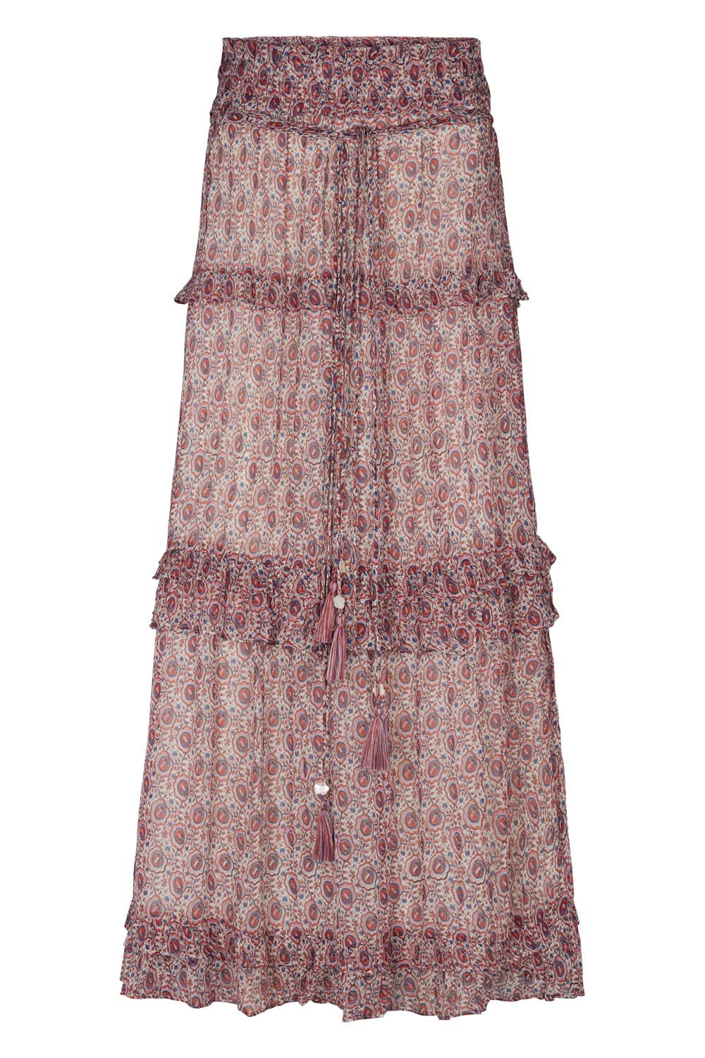 Maxi skirt in dusky pink with floral print with elasticated waist and tie belt with tassel  and ruffle details