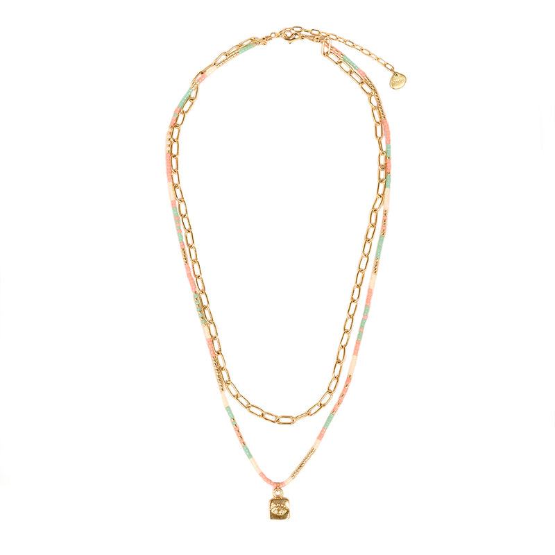 Necklace with a beaded layer and a gold coloured chain with seeing eye charm