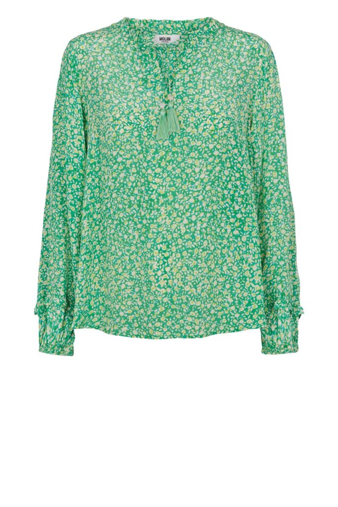 Green floral print pull on top with ruffle details and tie neckline with balloon sleeves