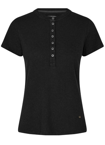 Black short sleeved tee with half placket and metallic press stud fastenings