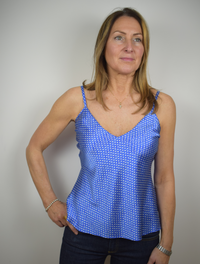 Blue and white ditsy print silk cami top with adjustable spaghetti straps