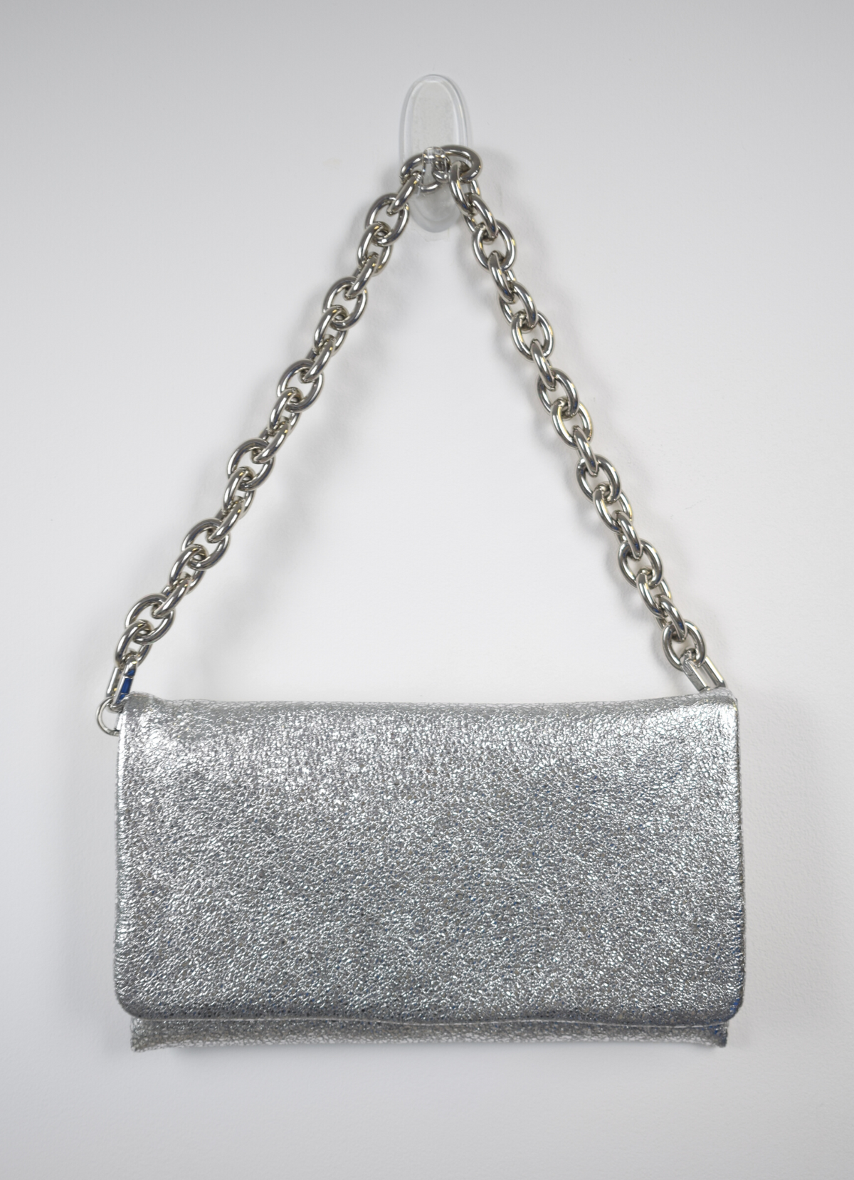 Silver clutch bag with chunky metal chain 