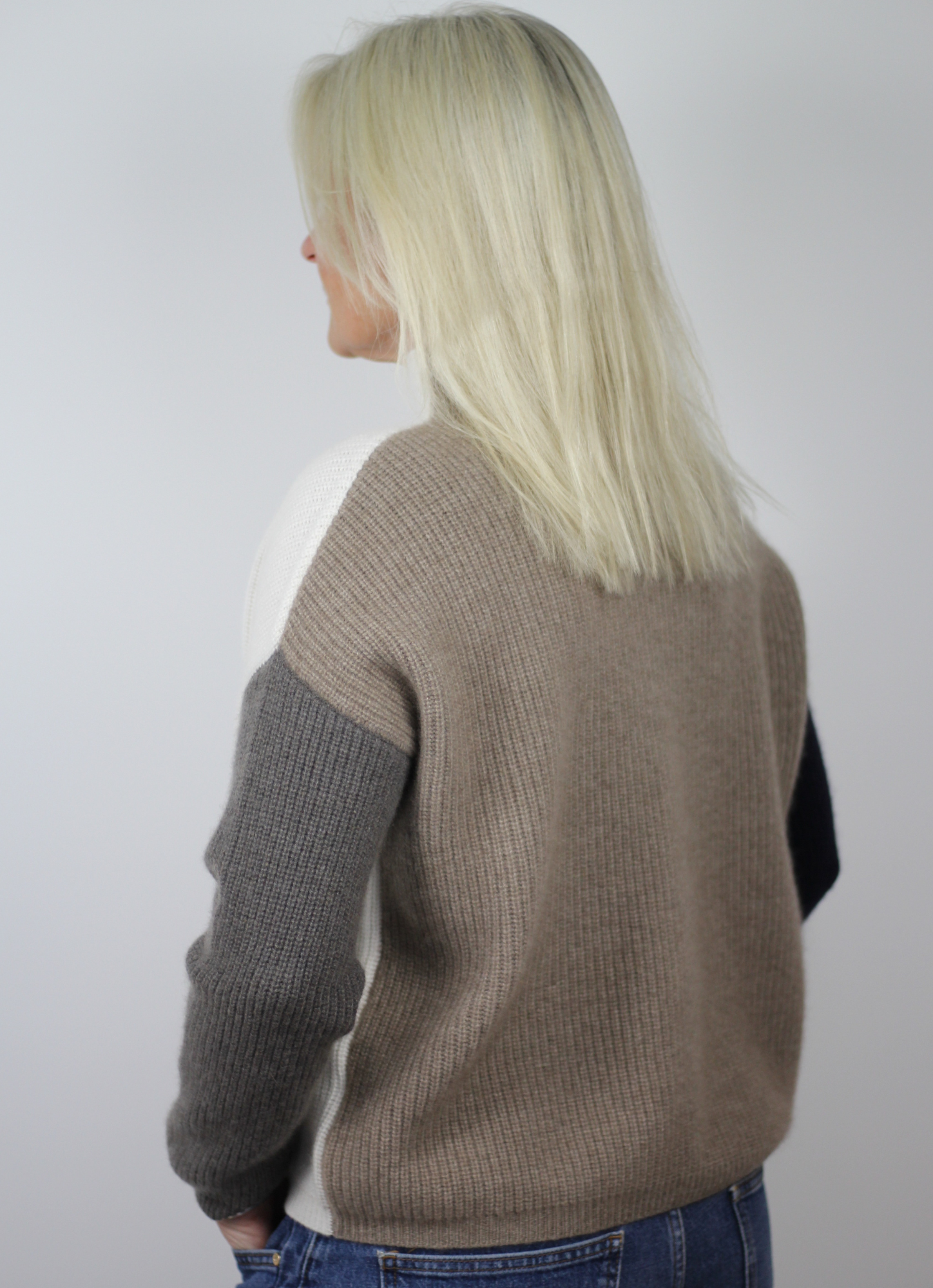 Cashmere jumper with white, taupe, navy and grey 