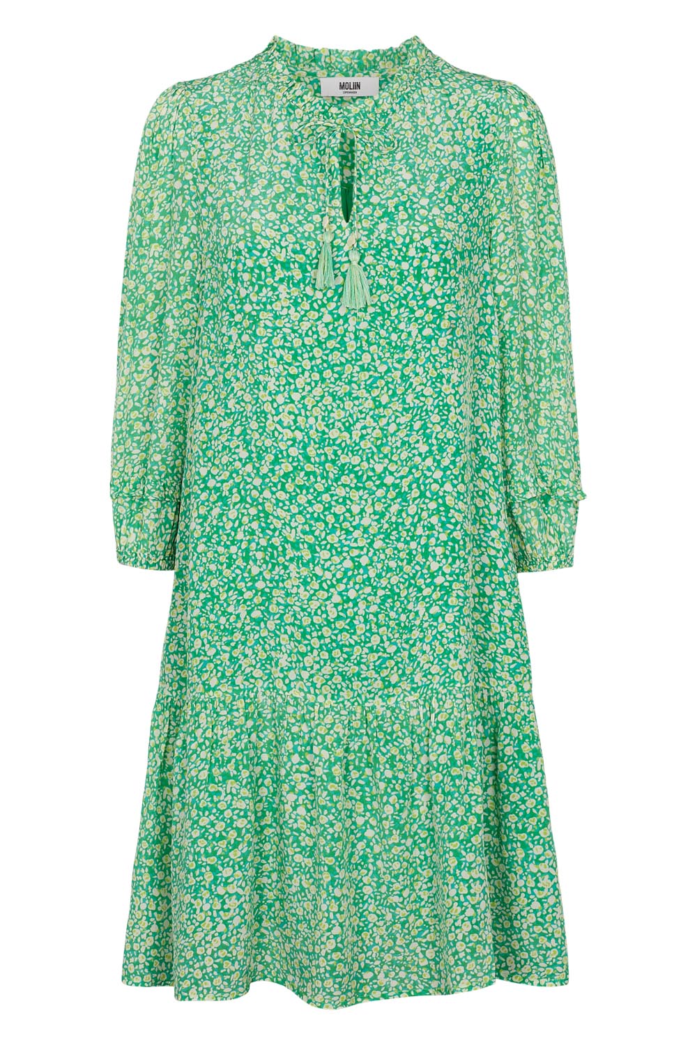 Green ditsy floral midi dress with ruffle collar midi full sleeves and elasticated cuffs with ruffle details