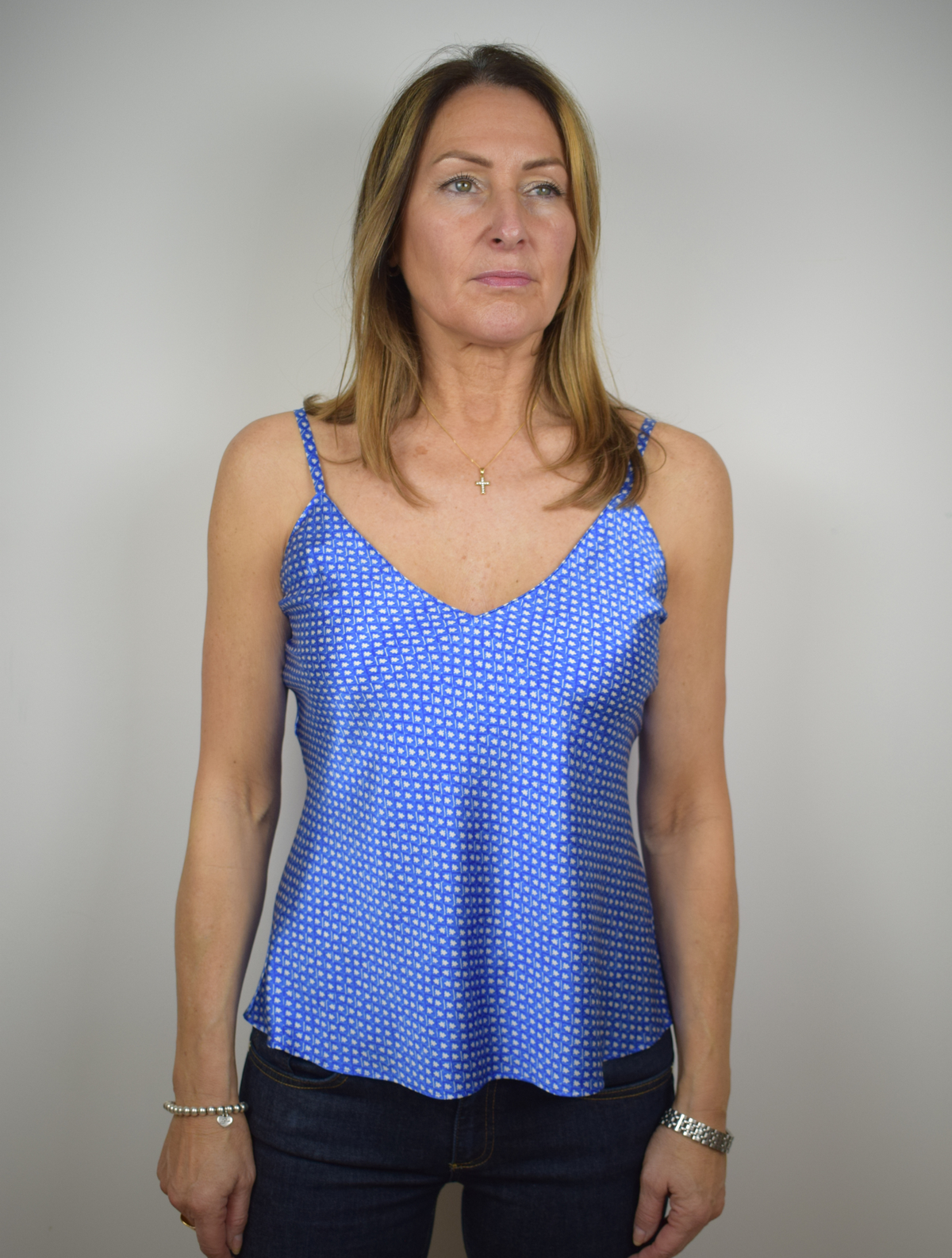 Blue and white ditsy print silk cami top with adjustable spaghetti straps