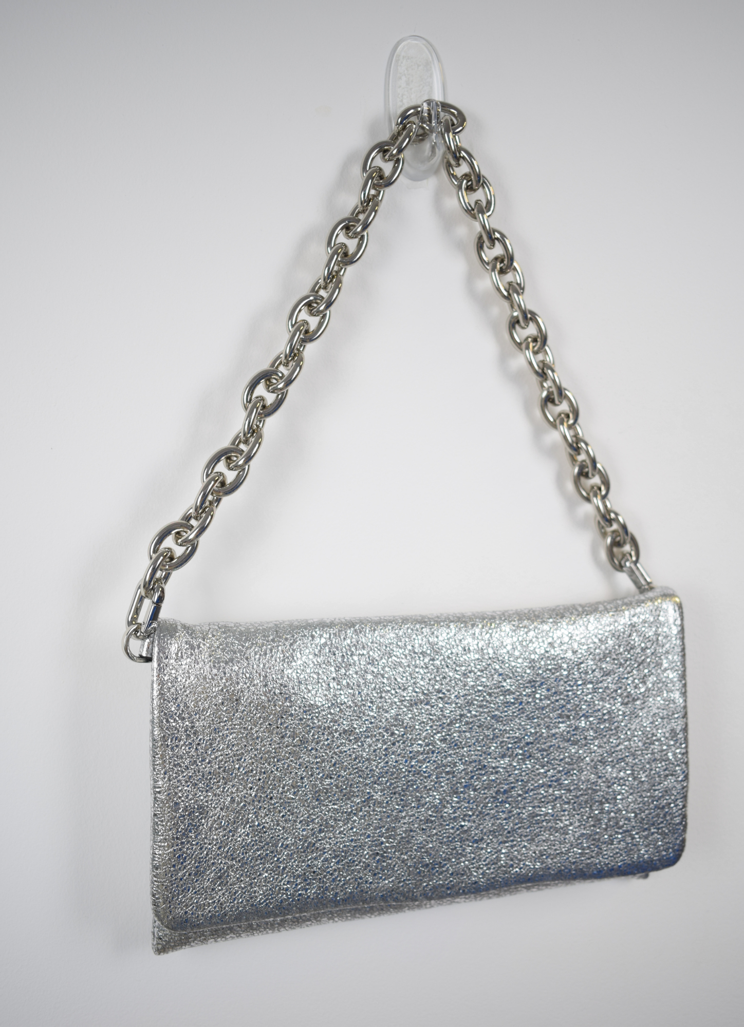 Silver clutch bag with chunky metal chain