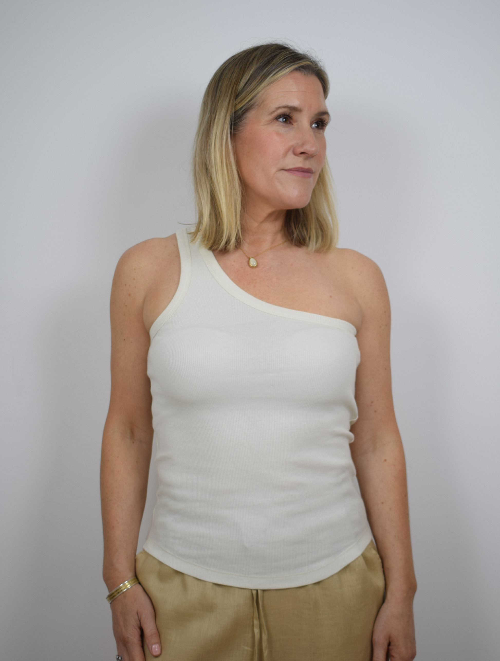 Ecru ribbed one shoulder top 