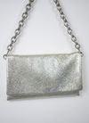 white gold clutch bag with chain strap