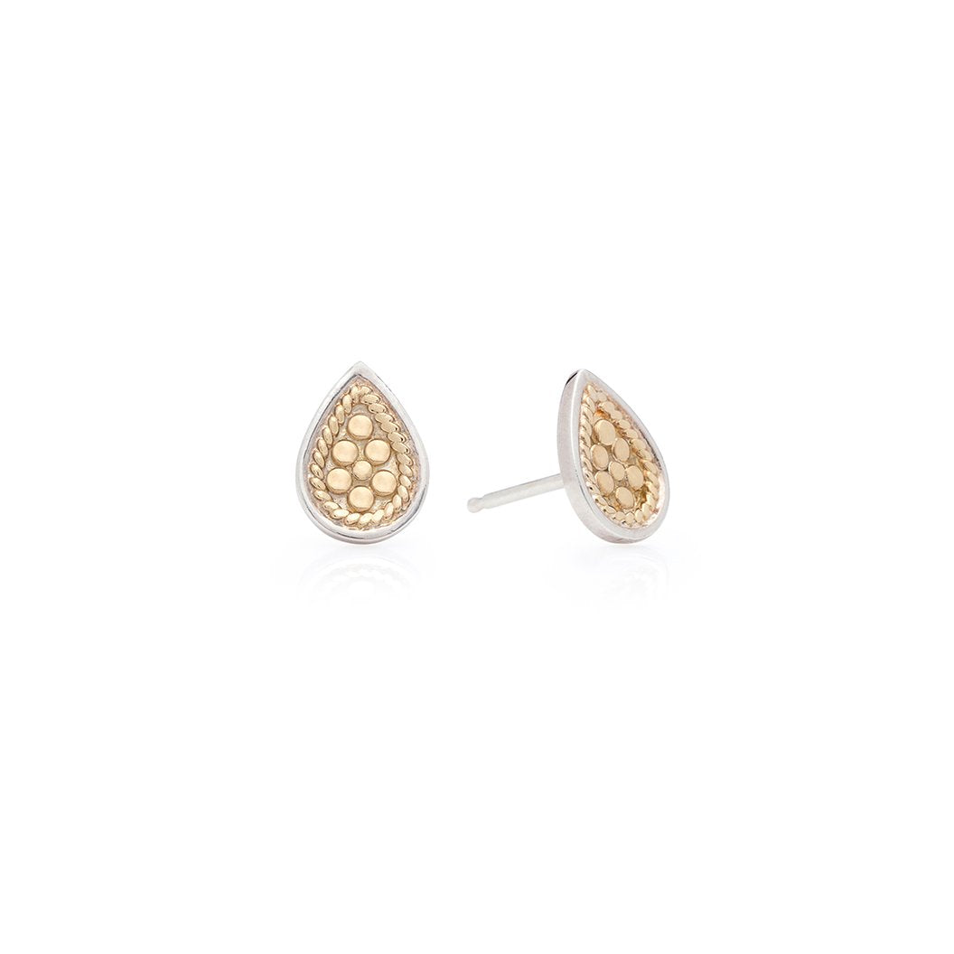 Teardrop shaped stud earrings silver base and gold dots
