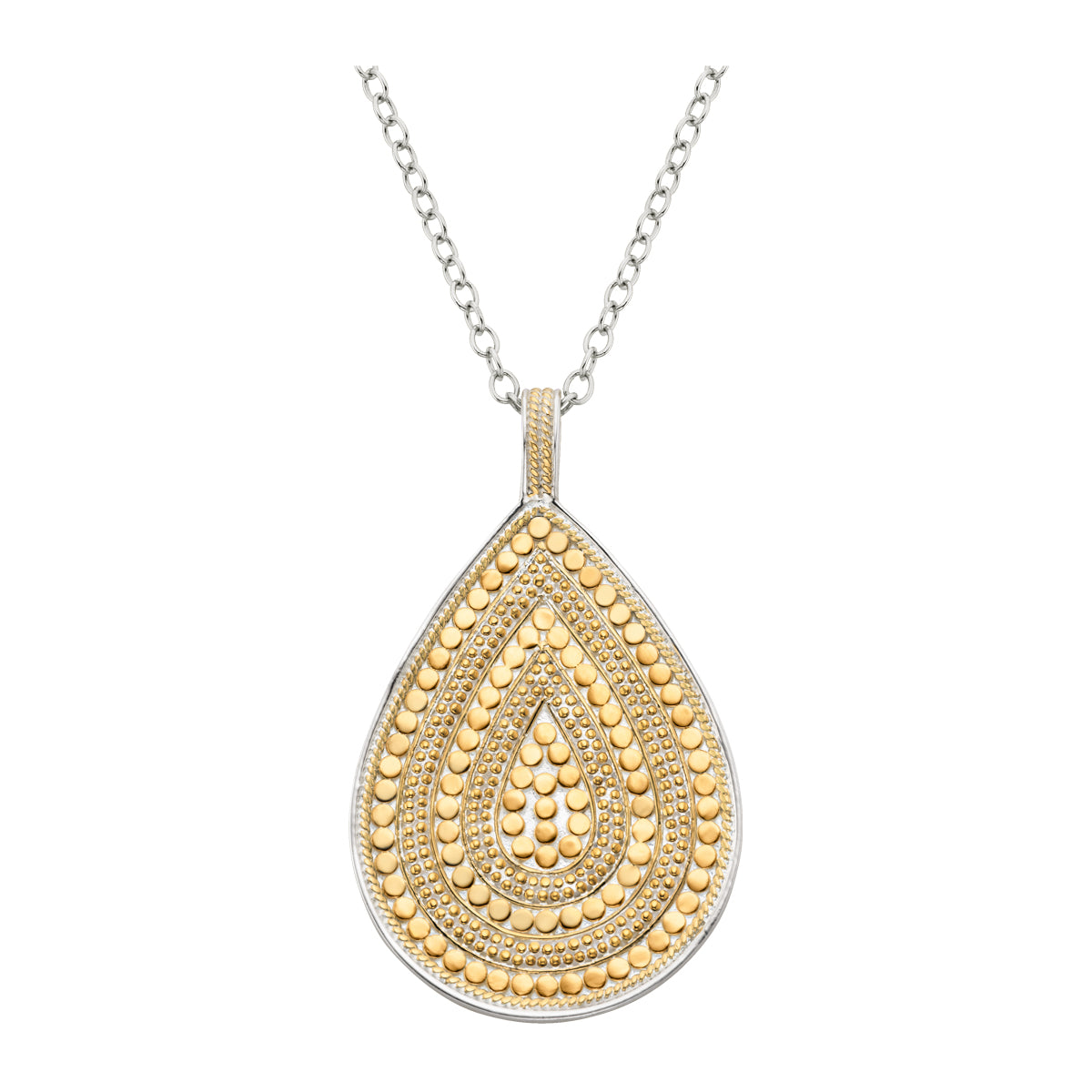 Large teardrop necklace in mixed metals with small gold dots