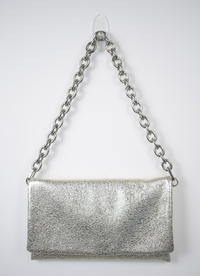 white gold clutch bag with chain strap