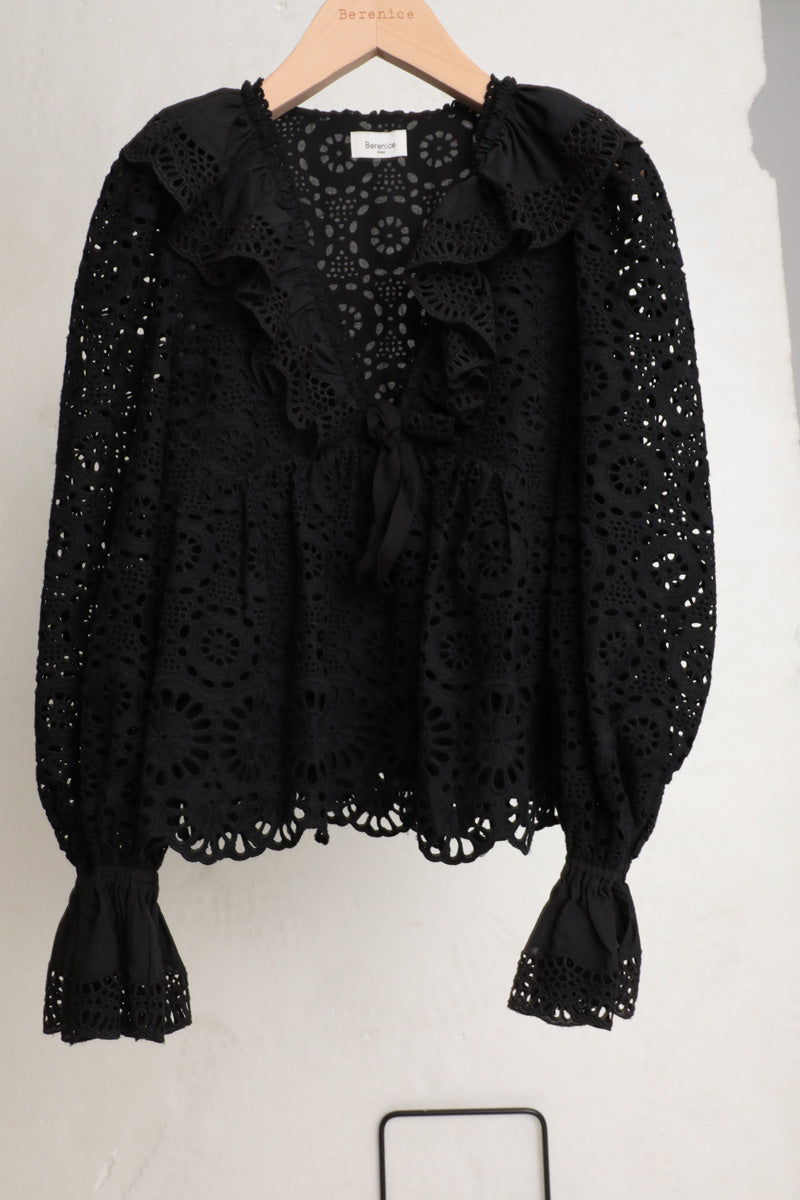 Black lace top with long sleeves and ruffle details with V neckline lined in the body