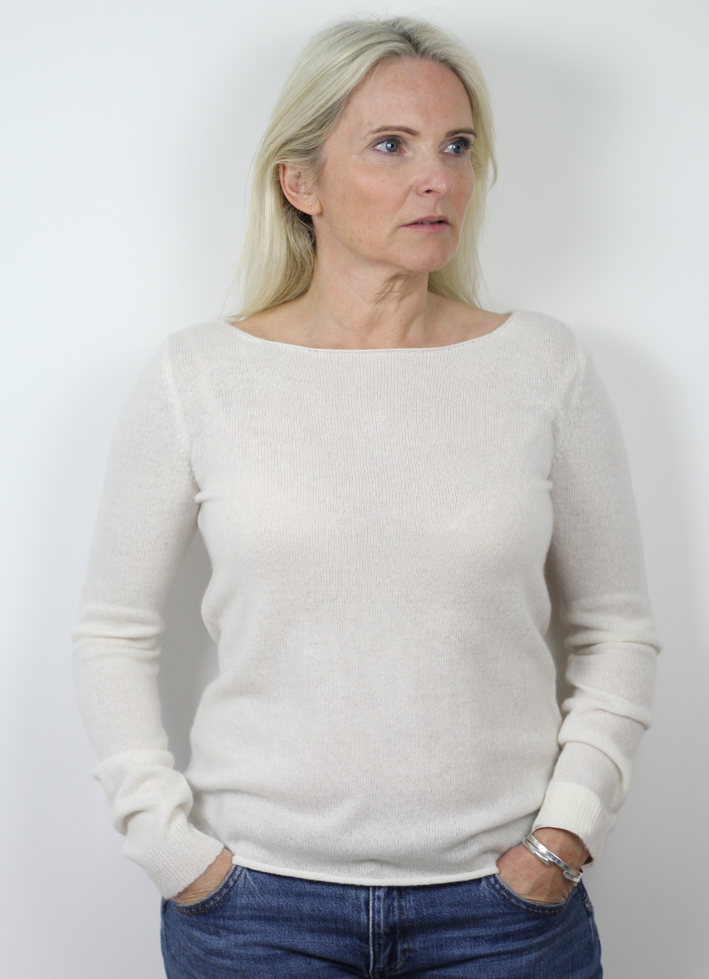 Winter white boat neck cashmere jumper