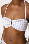 Bikini top with ruffles on ecru base with french blue ditsy floral print
