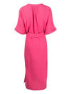 Fuscia pink midi dress with notch neck short sleeves with turn ups, side splits and a matching fabric self tie belt