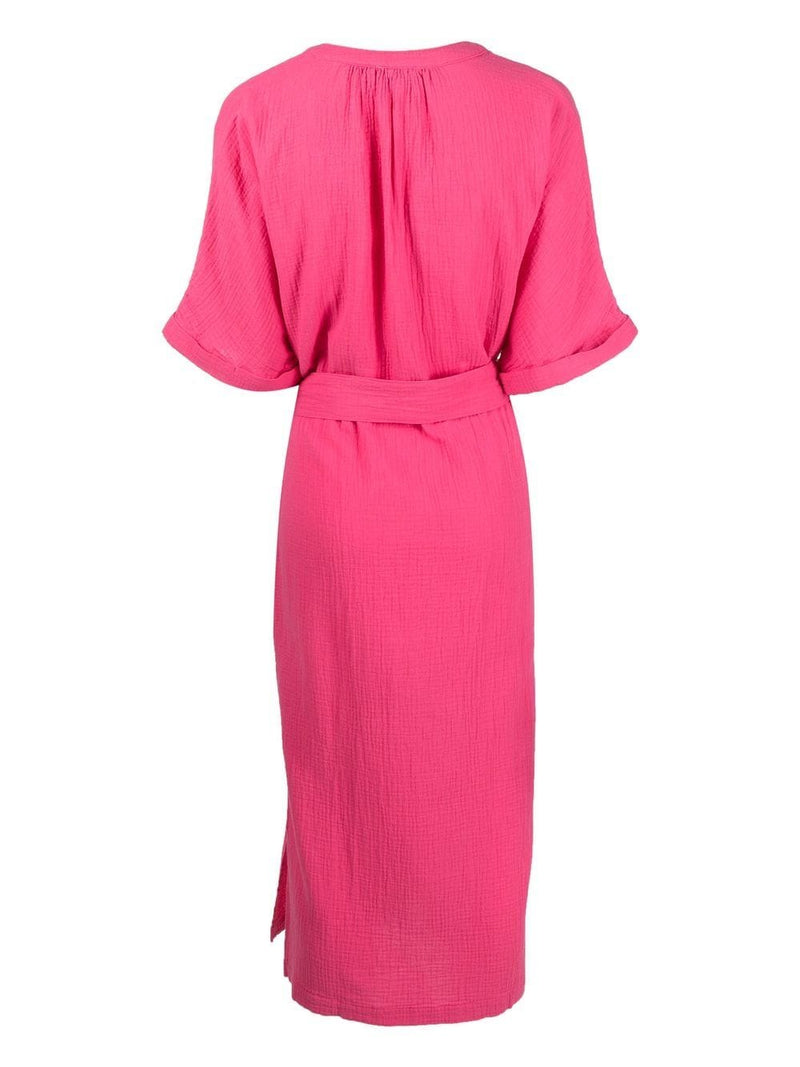 Fuscia pink midi dress with notch neck short sleeves with turn ups, side splits and a matching fabric self tie belt
