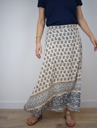 Printed ivory skirt with blue pattern on 