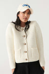 Cropped ecru chunky knitted cardigan with gold and enamel buttons crew neck and slightly cropped sleeves