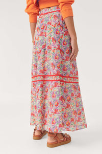 Pink floral A line skirt with red ribbon trim