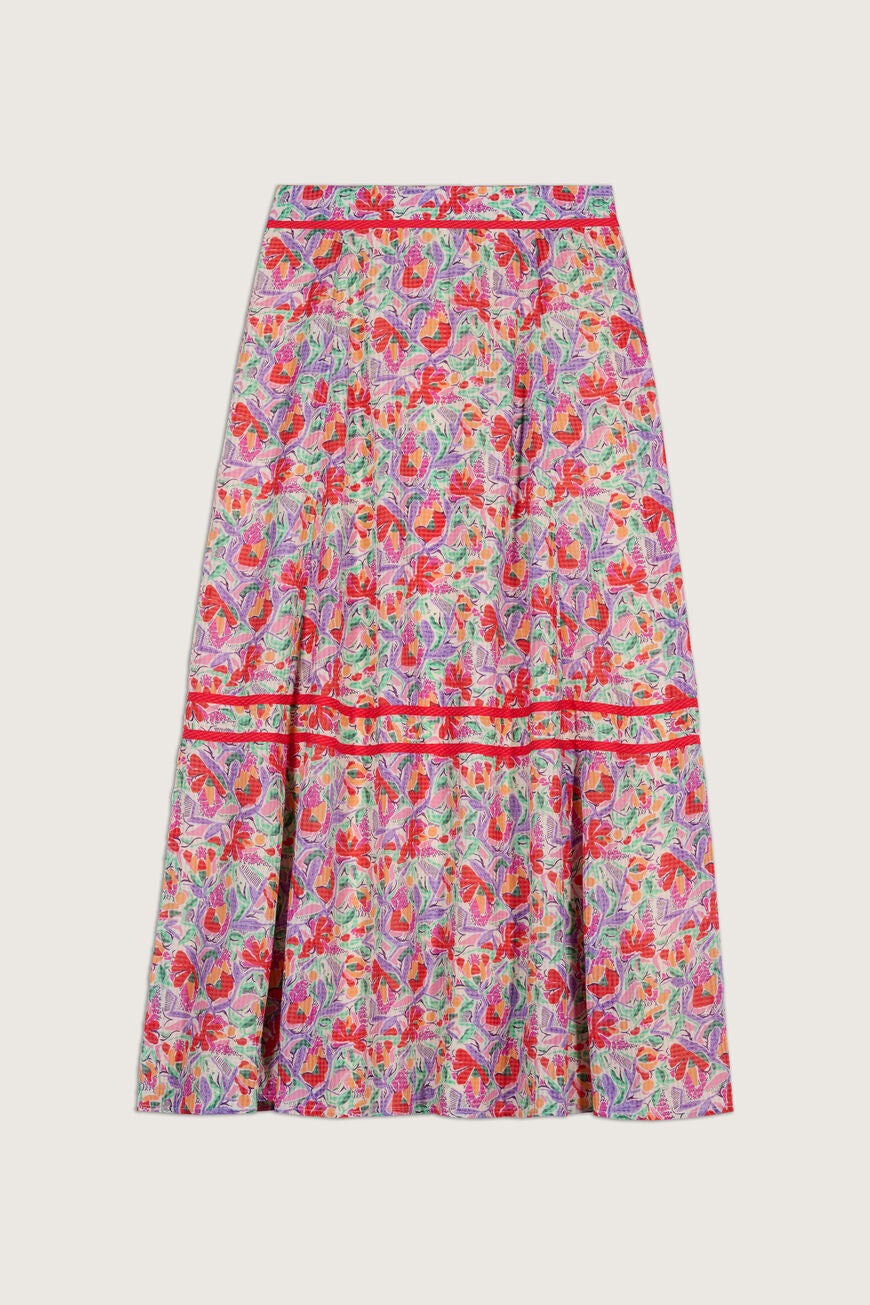 Pink floral A line skirt with red ribbon trim