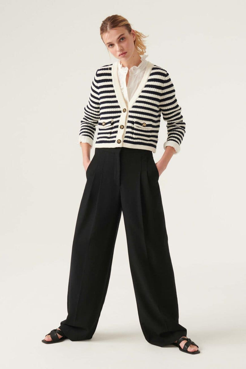 Navy and ecru striped low v neck cardigan with pockets and gold metallic and black enamel buttons
