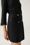 Black tuxedo wrap dress with v neck double breasted with four silver buttons and three quarter length sleeves