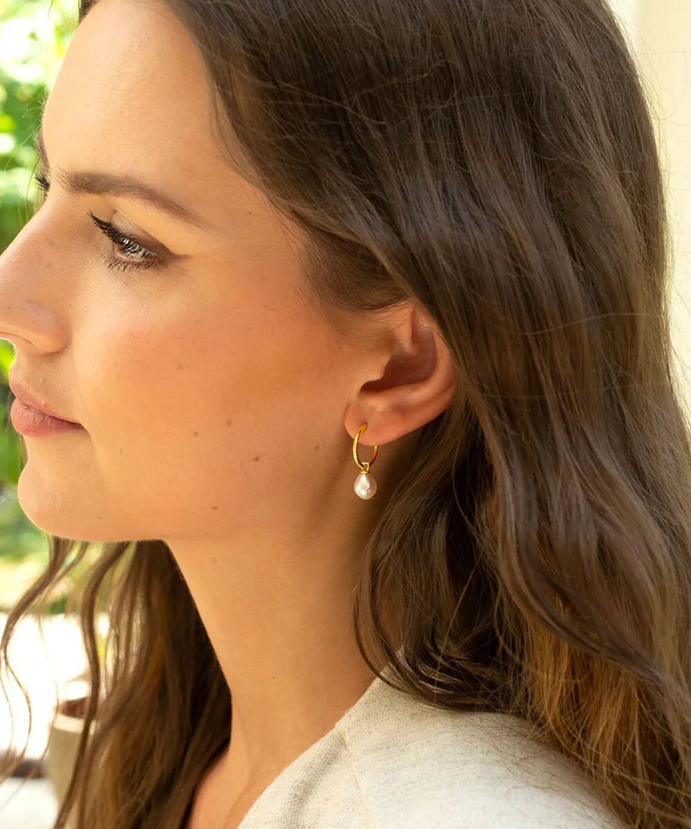 Gold plated sterling silver hoop earrings with removable pearl drop