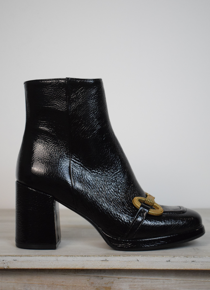 Back Patent Boot with gold buckle 