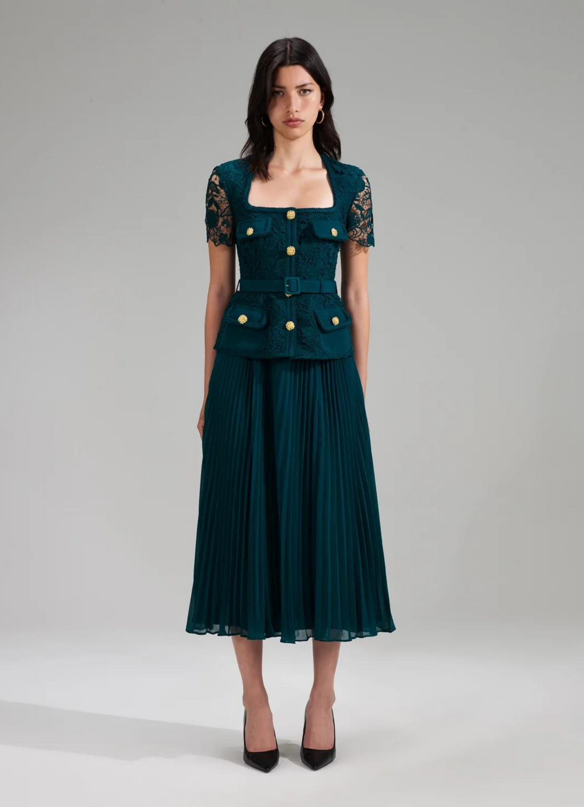 Teal dress with short lace sleeves gold hardware and pleated chiffon midi skirt and detachable belt